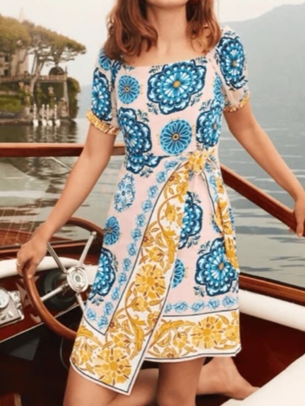 Maeve Anthropologie Pink Blue Tile Print Wrap Dress Size 0 Boho Midi